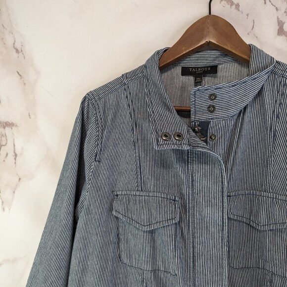 Talbots Jacket Womens 14W 1X Blue Striped Zip Nautical Casual Cotton Safari - Picture 13 of 13